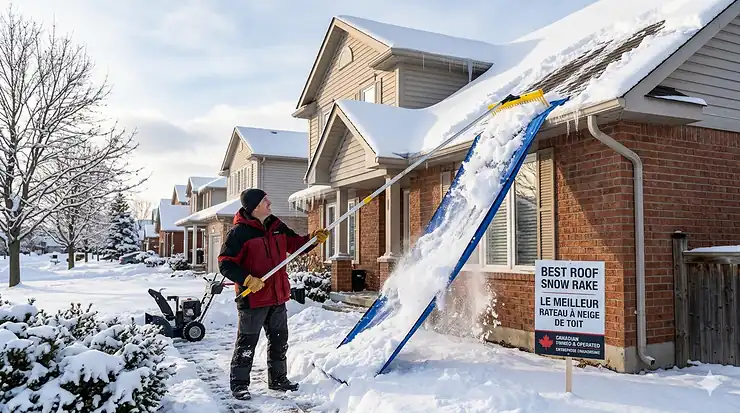 A photorealistic wide shot of a Canadian homeowner in winter gear using a telescoping roof snow rake with a blue fabric slide to clear heavy snow from a two-story brick and siding house.