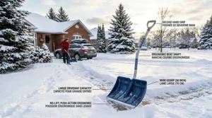 Illustration of a Canadian homeowner safely using an ergonomic snow shovel while wearing high-visibility winter gear.