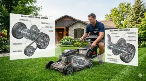 Technical illustration comparing front-wheel and rear-wheel drive systems on a self propelled lawn mower.