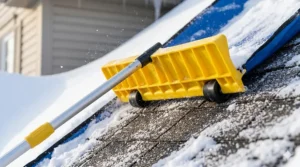 A photorealistic close-up illustration of the yellow head of a roof snow rake, showing small rubber rollers protecting asphalt shingles by maintaining a safe clearance gap while raking.