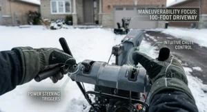 Detailed photorealistic illustration comparing the clearing efficiency of a small versus wide snow blower on a long 100 foot Canadian driveway.