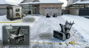 Detailed close-up photograph of a snow blower operator's gloved hands using power steering triggers and intuitive chute controls for a long driveway.