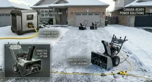 A snow blower parked inside a portable winter car shelter at the end of a long 100 foot driveway in Canada.