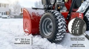 Illustration of heavy-duty tire treads designed for maximum traction in 12 inches of fresh Canadian powder.
