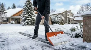 Close-up illustration of a steel-edge snow pusher shovel blade cutting through hard-packed ice and snow.
