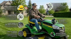Illustration showing a riding lawn tractor stored in a garage, prepared for a Canadian winter.