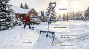 Illustration of a sleek ergonomic snow shovel hanging neatly in a garage next to winter tires and ice melt.