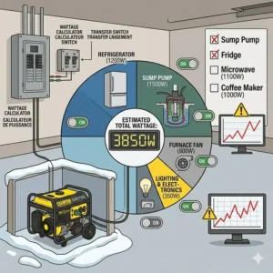 Technical illustration detailing cold-weather maintenance, including 0W-30 synthetic oil and battery heaters, to ensure a portable generator starts during a severe Canadian winter.