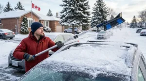 Illustration of an extendable, long-reach ice scraper for car and SUV owners designed to clear snow from large Canadian vehicles.