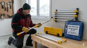 A photorealistic illustration graphic titled "EASY STORAGE / RANGEMENT FACILE" inside a garage, showing a Canadian homeowner disassembling the specific telescoping roof snow rake with bilingual labels into its component parts for compact storage.