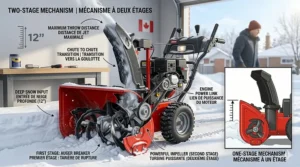 Cross-section illustration showing how a two-stage snow blower handles a 12-inch snowfall by throwing snow further.