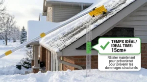 A photorealistic close-up illustration of a Canadian house in winter showing a snow depth gauge planted in the lawn with a prominent bilingual (English/French) graphic label: 'IDEAL TIME / TEMPS IDÉAL: 15cm+' for when to use the roof snow rake.