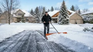 A wide-blade snow pusher shovel efficiently clearing a large multi-car driveway in a Canadian suburb.