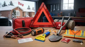 A Canadian winter car emergency kit containing a portable shovel, jumper cables, and a durable ice scraper for car safety.
