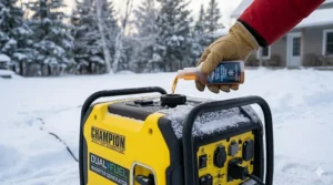 A close-up photorealistic photograph of a hand in a yellow work glove pouring a bottle of winter fuel stabilizer into a Champion dual-fuel generator on a snowy Canadian day.