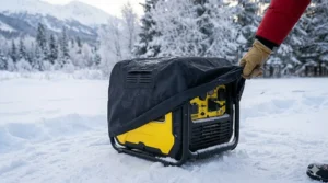 A photorealistic photograph of a rugged winter cover fitted over a Champion dual-fuel inverter generator in a snowy Yukon landscape, with a hand in a yellow work glove adjusting the fit.