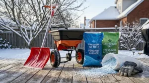 Canadian winter safety gear including a manual ice melt spreader, shovel, and bags labeled "Ice Melt / Fondant à glace."