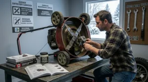 Illustration showing the proper way to prep and store a lawn mower for the harsh Canadian winter in a garage or shed.