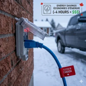 A detailed side-by-side comparison illustration of bolt-on and cartridge style block heaters for Canadian winter, shown in a photorealistic 4K style.
