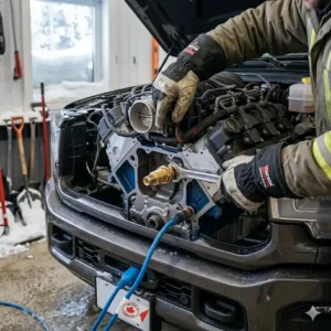 A 4K photorealistic technical cutaway illustration showing a glowing heater element warming the coolant inside an engine block for Canadian winter starting.