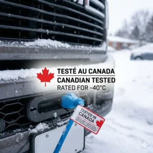 Photorealistic 4K retail packaging illustration for an engine block heater, featuring clear bilingual English and French labels for the Canadian market.