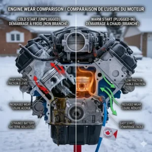 A detailed 4K macro illustration focusing on a blue block heater power cord and its red 'Tested in Canada' tag, connected to a vehicle bumper.
