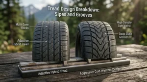 Diagram comparing tread designs of all-weather tires vs winter tires, highlighting the deep sipes and slush grooves built for harsh Canadian snow.