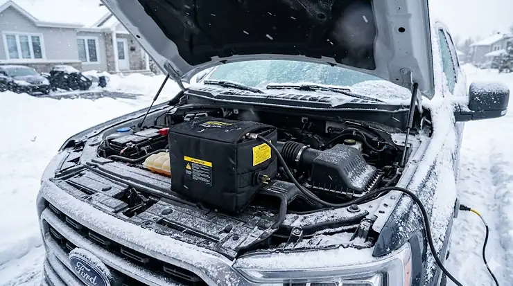 A high-quality car battery wrapped in an electric thermal blanket during a heavy Canadian snowstorm.