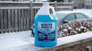 A standard 3.78-litre jug of premium blue winter windshield washer fluid rated for -40 degrees Celsius, showing bilingual English and French Canadian safety and performance labels.