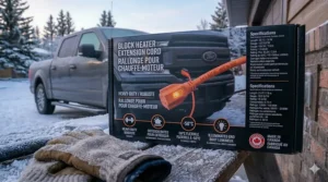 Canadian market block heater extension cord outdoor rated with English and French bilingual safety labeling.