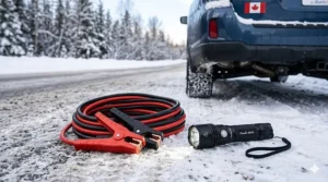 Reliable booster cables and a high-lumen flashlight for roadside emergencies during dark Canadian winter nights.