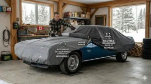 Fitting a breathable, soft fabric cover over a classic car to protect it from dust during indoor winter storage.