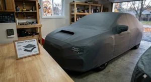 A high-quality, breathable indoor car cover being placed over a vehicle for seasonal protection.