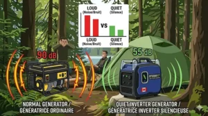 An illustration of a quiet inverter generator powering an electric heater and coffee maker during a crisp autumn camping trip in Quebec.