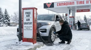 A snow-covered Canadian gas station air pump station used to fix a tire pressure drop in cold weather.