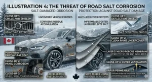 Illustration comparing car paint damage from corrosive Canadian road salt versus a vehicle protected by a winter storage cover.