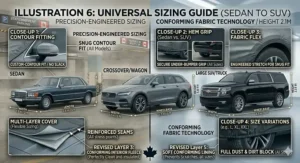 Size guide for choosing the right car cover for winter storage for various vehicle types, including SUVs and trucks popular in Canada.