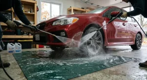 Illustration showing a thorough undercarriage wash to remove Canadian road salt before winter storage.