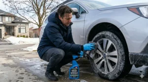 A detailer in heavy parka wipes a car panel, removing salt with product bottle clearly visible in foreground.