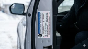 Illustration of a car door jamb specification sticker showing the recommended cold tire pressure for safe winter driving.