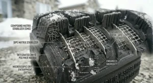 A stylized map of Quebec with tire icons indicating recommended usage. Urban centers (like Montreal/Quebec City) show non-studded tires, while remote or mountainous rural regions are marked for studded tire use.