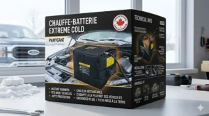 Product illustration featuring bilingual English and French "Chauffe-batterie" packaging for the Canadian market.