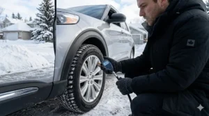 A driver checking for a tire pressure drop in cold weather using a tire gauge during a snowy Canadian winter.