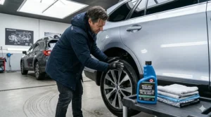 Crouching detailer inspects a spotless silver multi-spoke wheel and brake caliper after using the road salt remover.
