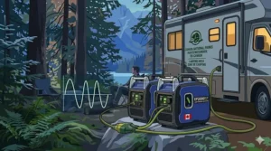 Illustration showing clean sine wave power from an inverter generator safely charging a laptop and smartphone at a remote campsite.