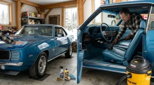 Hand-washing a vintage vehicle to remove road salt and dirt before following a classic car winter storage guide.