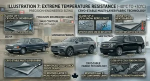 Cold-crack resistant car cover fabric designed to remain flexible in extreme Canadian temperatures reaching minus 40 degrees.