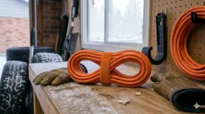 Easy-to-coil block heater extension cord outdoor rated for organized storage during Canadian spring thaw.