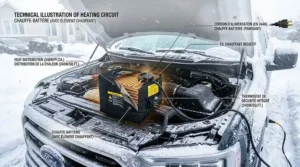 Technical diagram showing the heating element of a battery blanket designed for -40°C Canadian winters.