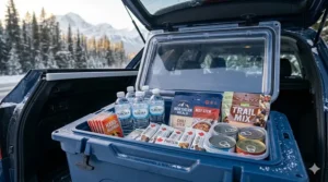 A collection of non-perishable food items, energy bars, and bottled water stored for winter power outages or road emergencies.